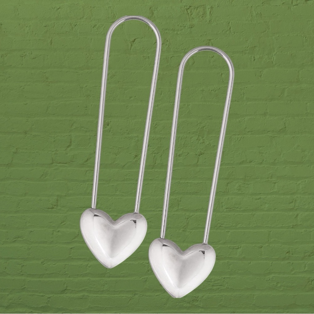 Safety pin Silver Heart Drop hoop Earrings